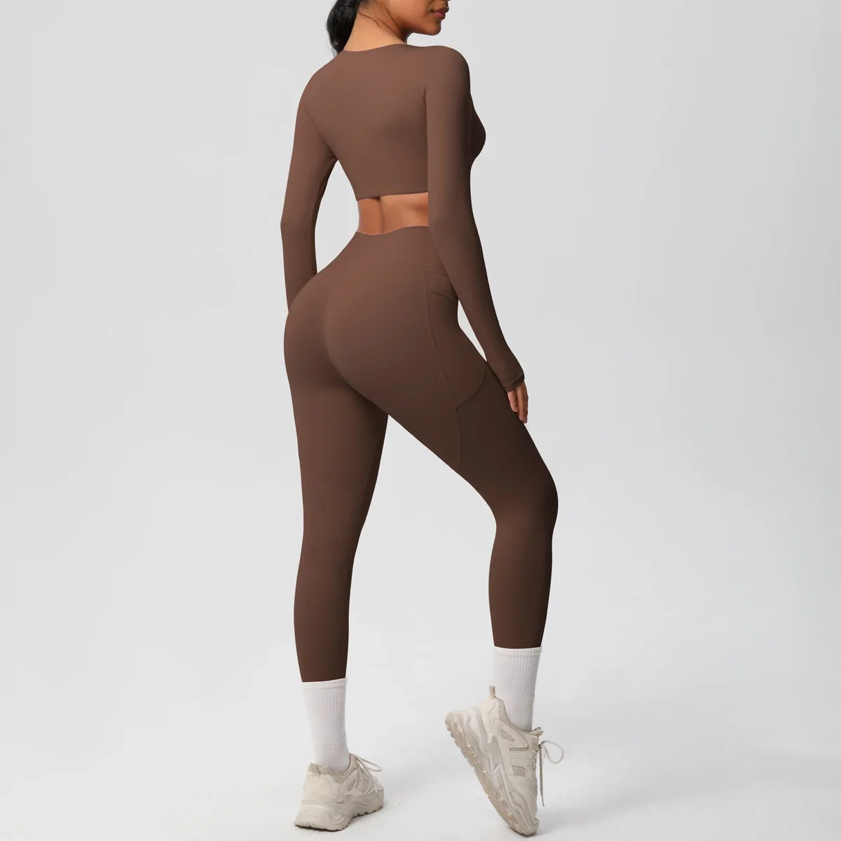 ชุดโยคะชุดสตรีชุดกีฬาเสื้อผ้าโยคะฟิตเนสแขนยาวเบาะTracksuitsชุดกีฬาGym Top Highเอวกางเกงขายาวกระเป๋า