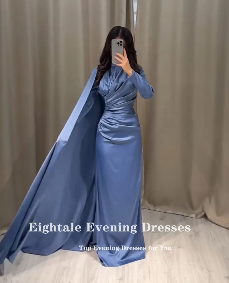 

Eightale синее вечернее платье с высоким воротом и складками по индивидуальному заказу, арабское атласное платье для выпускного вечера с длинными рукавами, длиной до пола, свадебное платье русалки