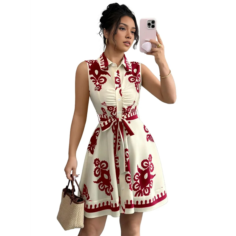 【SEE】 Abito da sole midi abbottonato fluido con cintura senza maniche con stampa floreale Boho estiva 2025 da donna