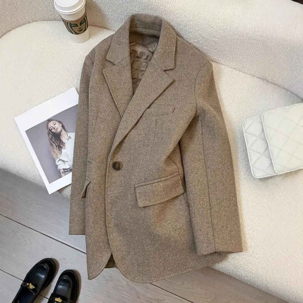 

Women's Woolen Suit Jacket High-End Casual Cotton Blend for Autumn Winter Eight-Dimensional Clothing Small Fit