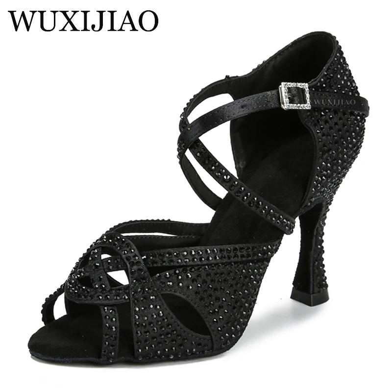 Latin Dance Shoes Women's New Fuchsia Satin Shiny Rhinestone Cuban High Heels 9cm Salsa Dance Shoes