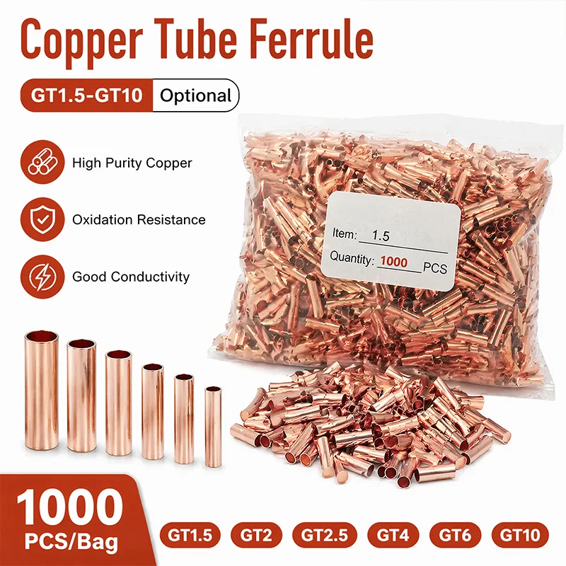 1000Pcs Copper Tube Ferrule GT1.5 GT2 GT2.5 GT4 6 GT10 Non Insulated Splice Crimp Terminal Wire Connector Cable Sleeve Bootlace