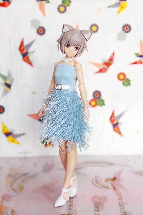 [High Quality] 1/12 Scale Dolls Sexy Light Blue Feather Gauze Strapless Dress with Leather Belt Model for azone fag blyth momoko