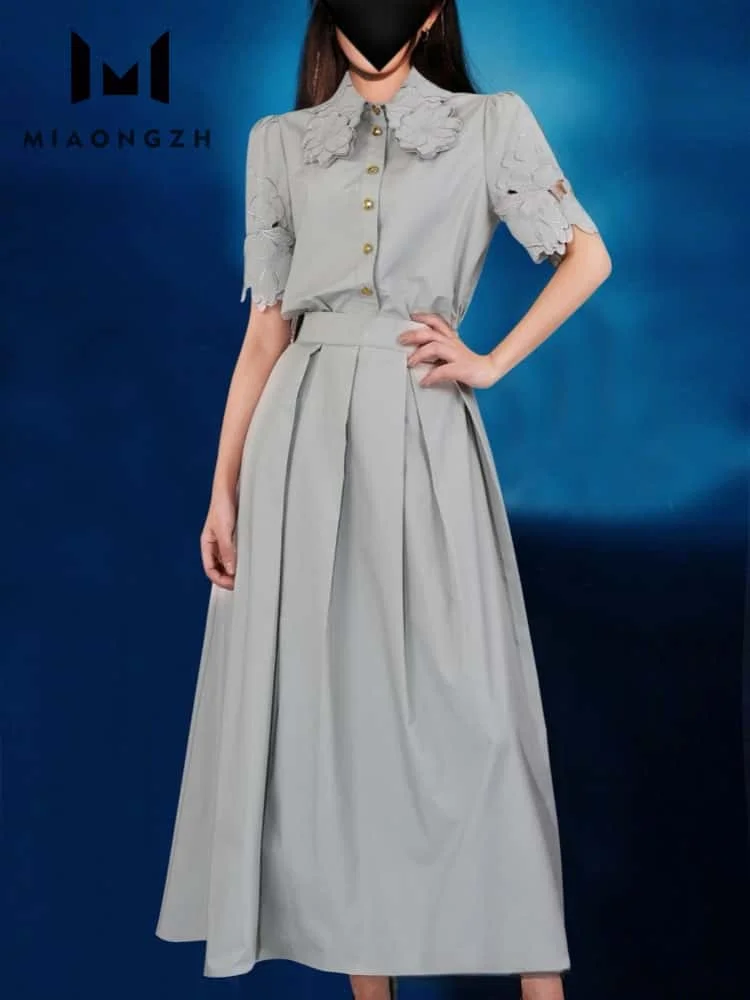 

Women's Two Piece Set Embroidery Hollow Out Lapel Shirt Short Sleeve Blouses Top High Waist Dig Swing Skirt 2025 New Female Suit
