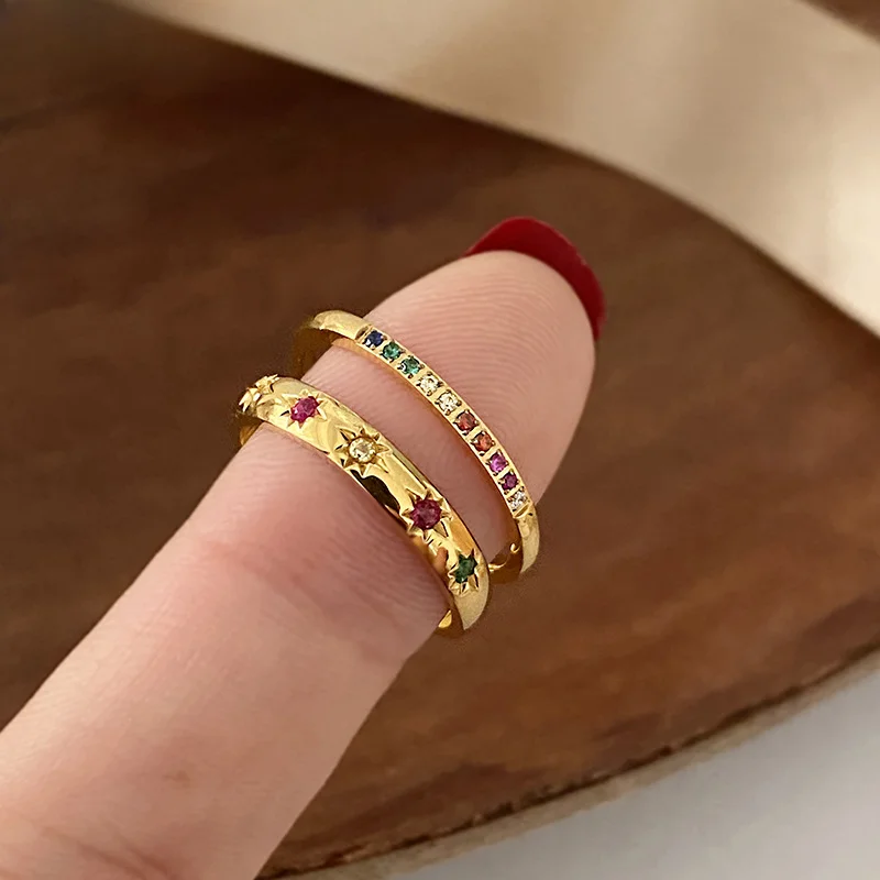 Retro Personality Colorful  Zircon Sun Adjustable Rings for Women Charm Gold Color Stainless Steel Star Finger Jewelry Colorfast