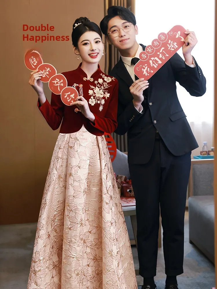 

Red Wedding Dr Set New Chinese Sle Engagement Ceremony Fem Brideom out of Door Small Size Formal Dr S...