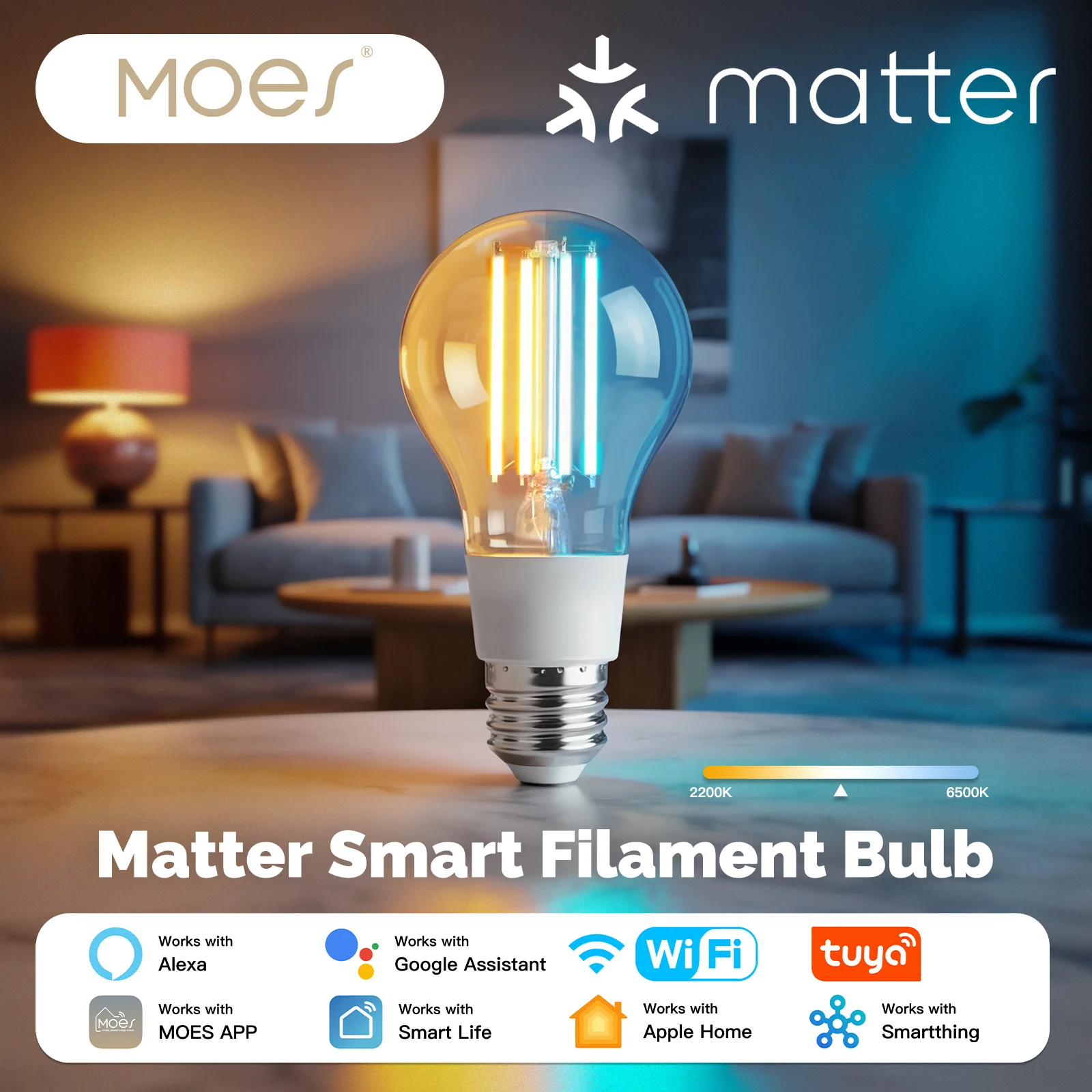 Smart Home Hub Apple - Lâmpada Inteligente Wi-Fi MOES Matter E27