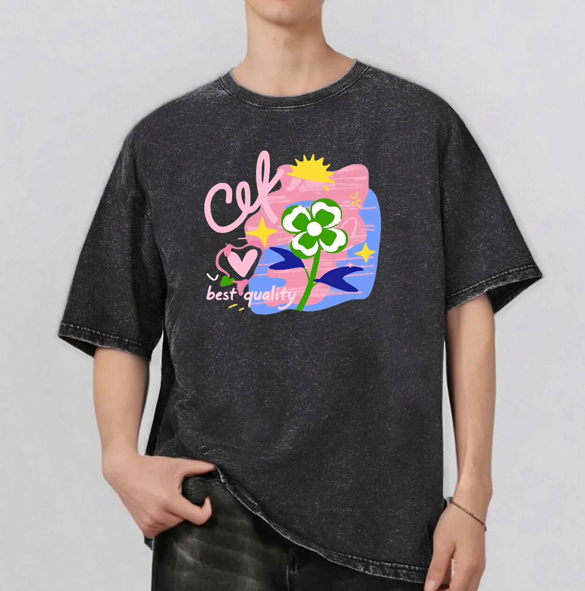 

Flowers Pattern Rint Men's Summer Retro Style Washed Water T-Shirt Casual Short Sleeved Basic Men's Top 230G