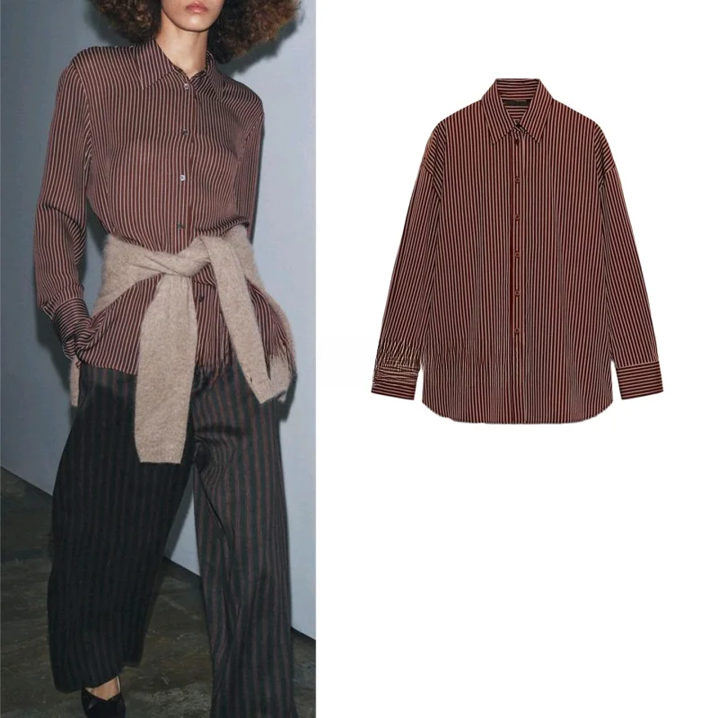 เสื้อผ้าผู้หญิงสำหรับฤดูหนาว แขนยาว ทรงสลิม ชายเสื้อไม่เท่ากัน ผ้าไหมซาตินลายทาง ปกพับได้ ทรงลำลอง ผ้าใยโพลีเอสเตอร์