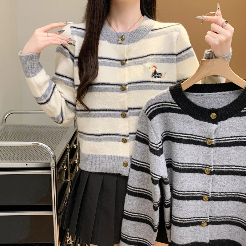 

Korean Sle Striped Knitted Cardigan round Ne Women's Sweater College Lazy Sle Top Trendy Ins Women's Knitwear Coat