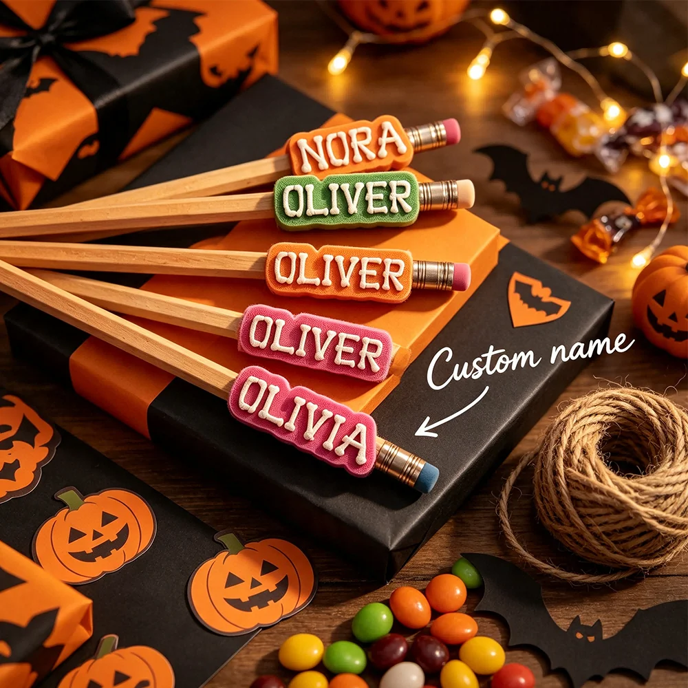 Custom 3D Print Pencil Topper Name Tags,Halloween Bones Pencil Toppers Removable Labels for Standard Pencils Back to School Gift