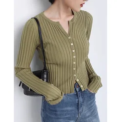 Casual Single Breasted Slim Knit Shirt Women Spring Autumn 2023 New Round Neck Long Sleeved Sweater for Woman Cardigan T-shirt