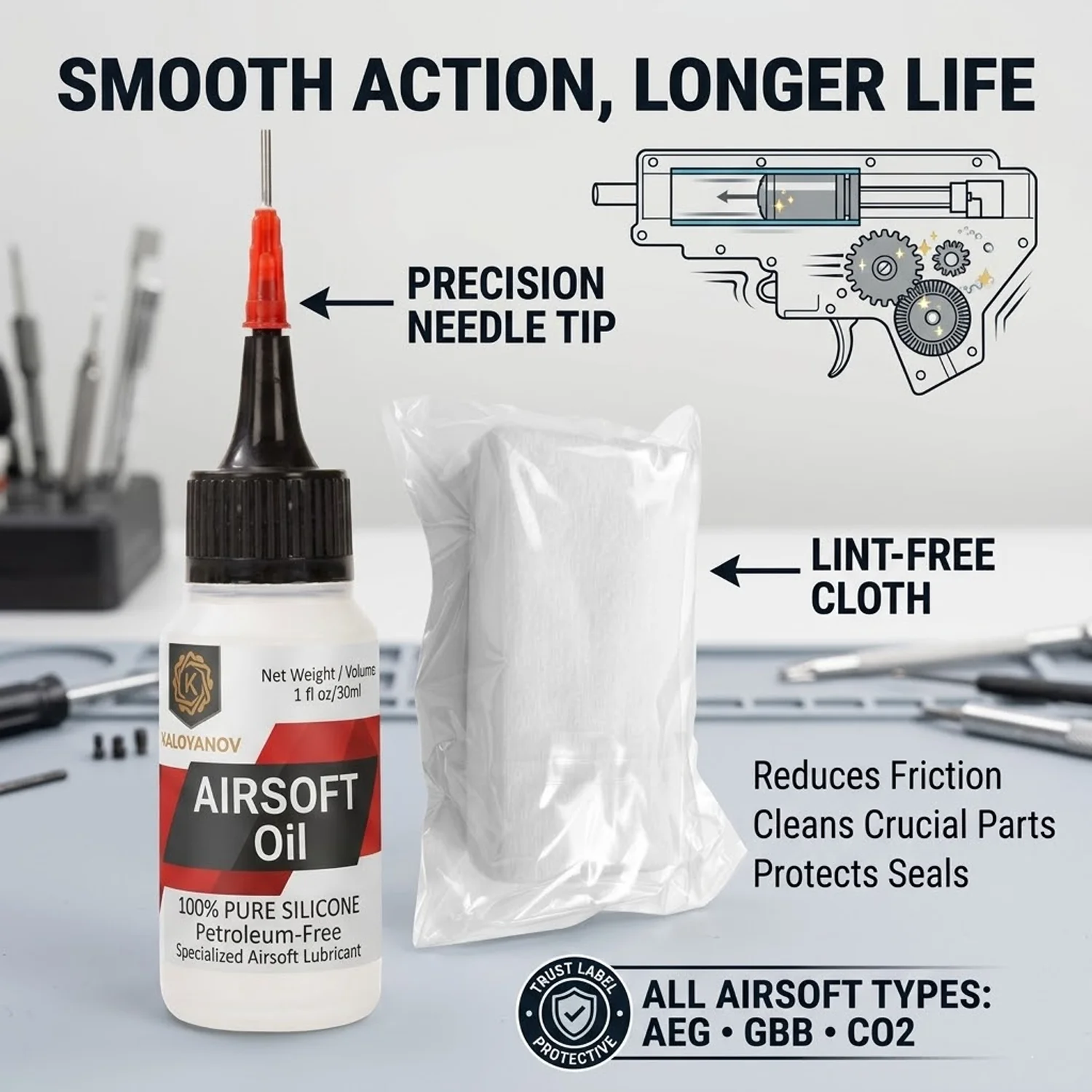 

Airsoft Silicone Lubricant with Precision Needle Tip & Cleaning Wipes for Paintball GBB AEG O-Rings Petroleum-Free Oil 30ml Set