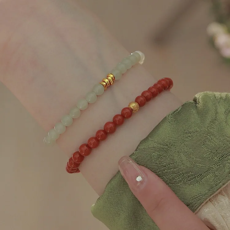 Chinese Style Natural Hetian Jade Handstring Bracelet With Gold Beads Lucky Wealth Blessing Dainty Stretch Beaded Gift For Women