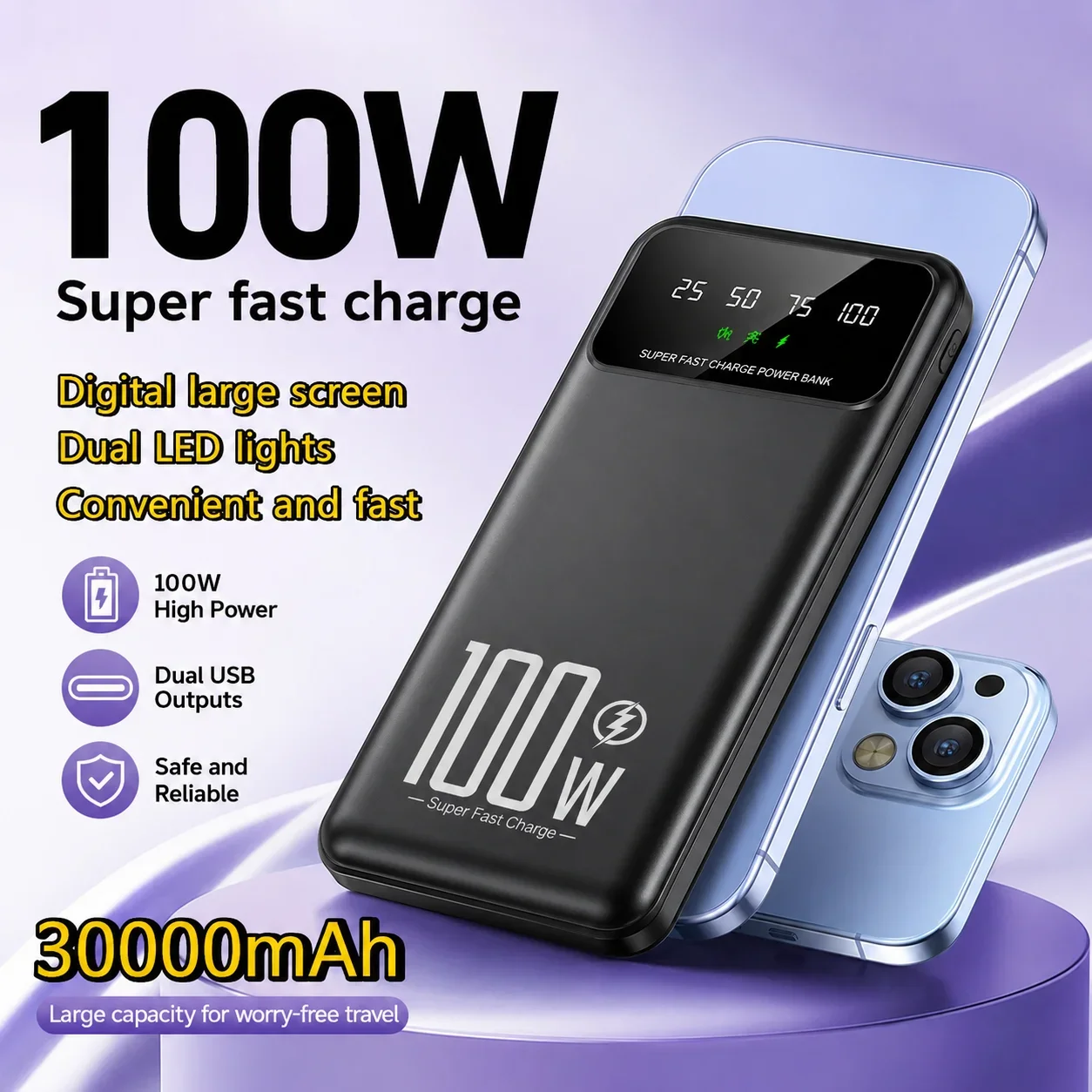 30000mAh Portable Power Bank 100W Ultra-fast Charging Digital Display with LED Light for IPhone Samsung Carregador Portátil