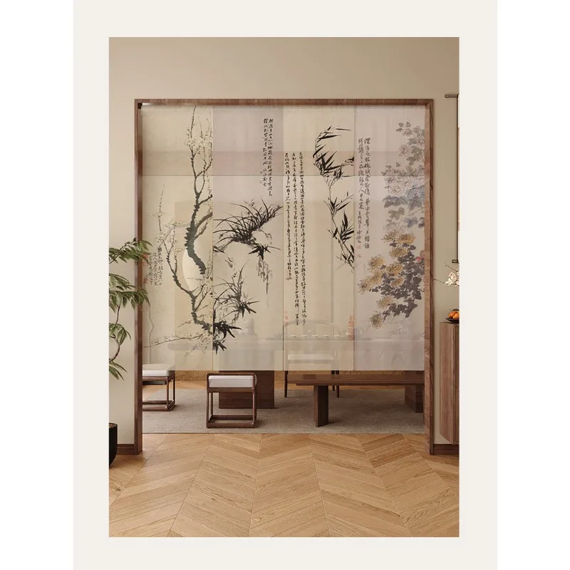 New Chinese Zen Gauze Door Curtain, Song Style Aesthetic No Punch Partition Curtain with Telescopic Rod for Tea Room & Tea Shop