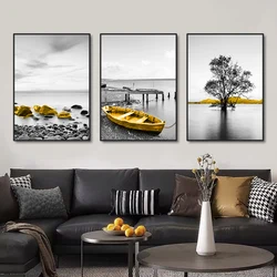 3PCS Golden Boat Stone Lake Landscape Poster Wall Art Picture Canvas Painting Print Pictures for Living Room Home Decoration