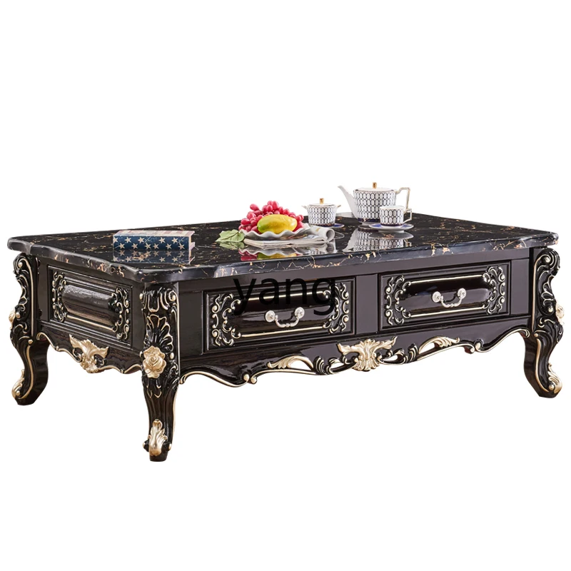 

LH coffee table black solid wood tea table marble living room coffee table household light luxury villa