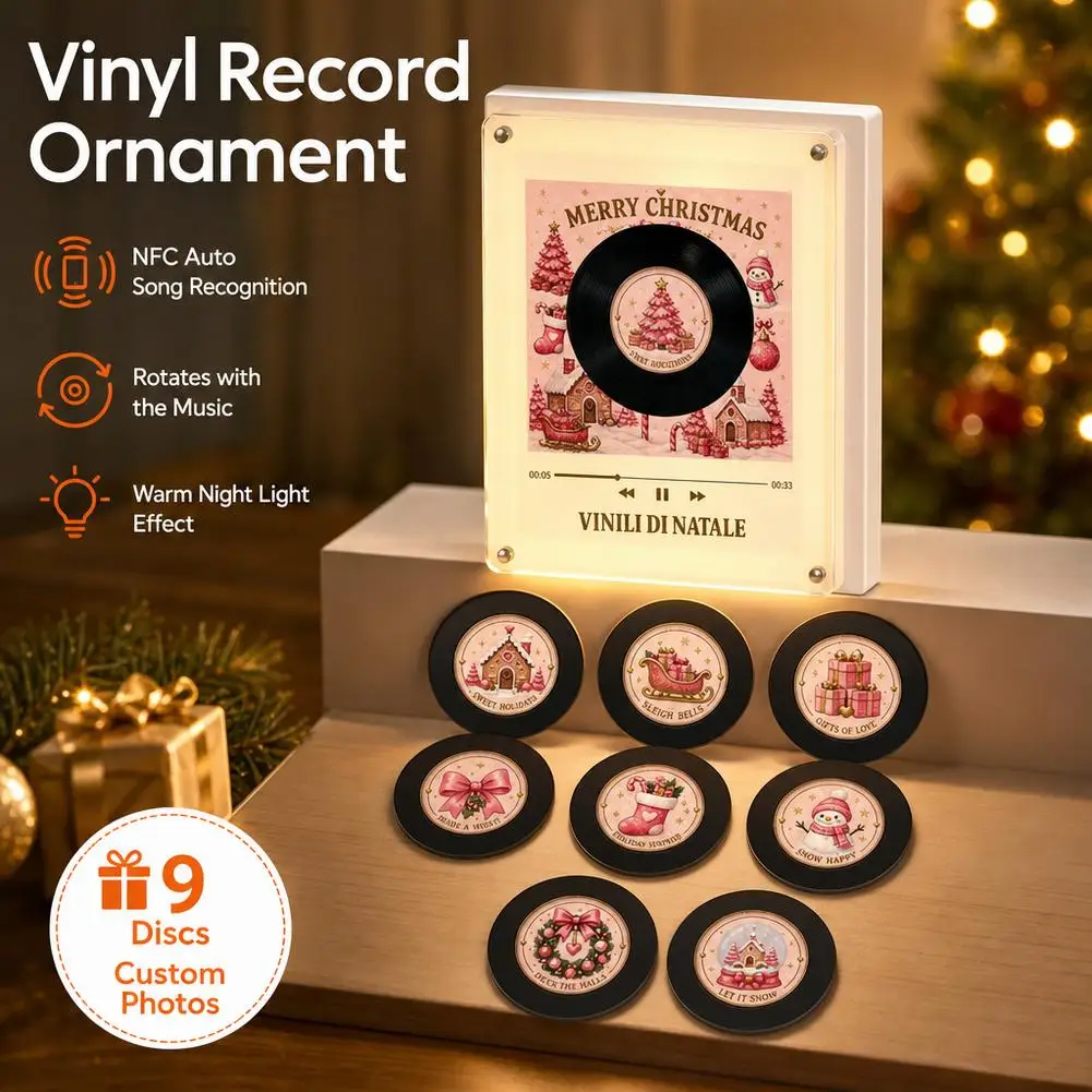 Pink Christmas NFC Induction Singing Refrigerator Sticker Christmas Rotating Disc Night Light Magnetic Acrylic Creative Ornament