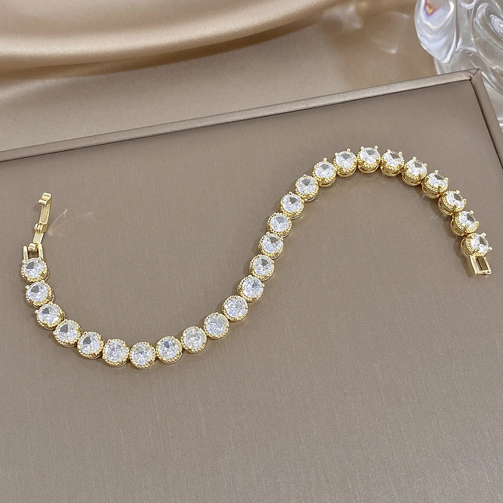 AENSOA Sparkling Zircon Bracelets for Women Luxury Dainty Stackable Gold Color Copper Hand Chain Crystal Wedding Banquet Jewelry