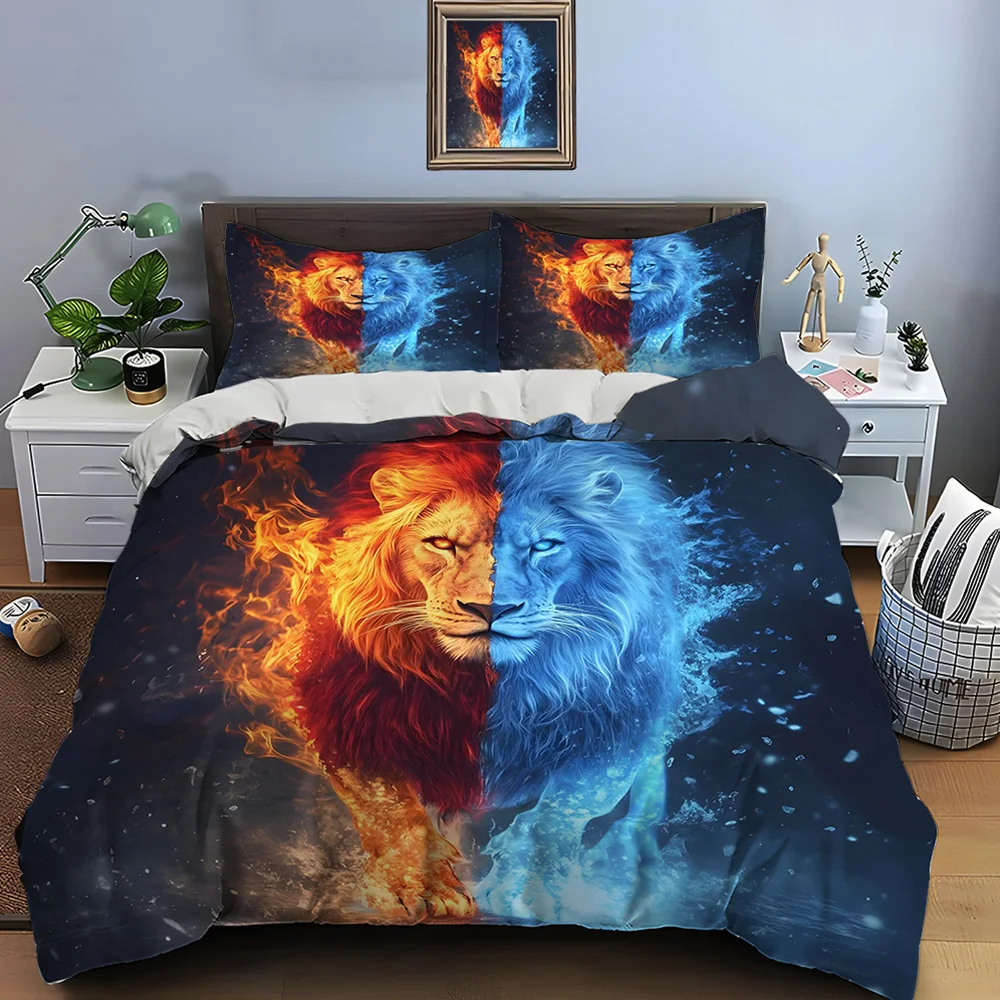 Lion of Fire and Ice Contrast Bedding Set for Kids Luxury Gift 3pcs Digital Print Comforter Set Soft Comfortable Breathable