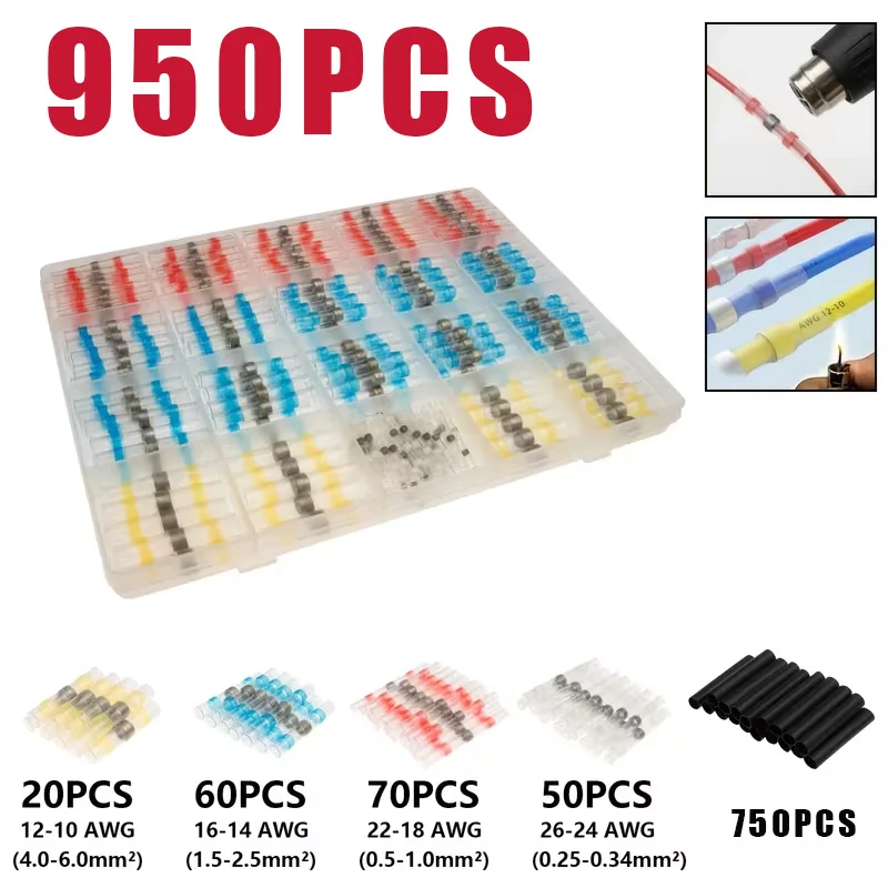 950piece heat shrink butt-joint terminal kits, solder-sealed electrical connectors for automotive and marine wiring applications