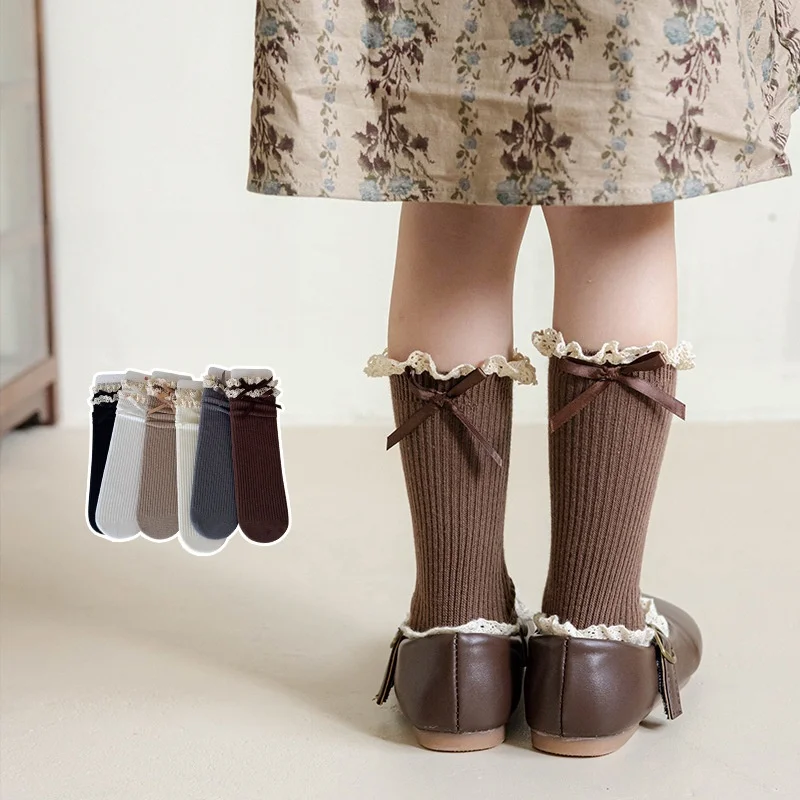 

Spring Autumn Korean Girls Lace Bow Socks 3-8Y Mid-Calf Socks Sweet Style Lolita Princess Retro Slouch Socks