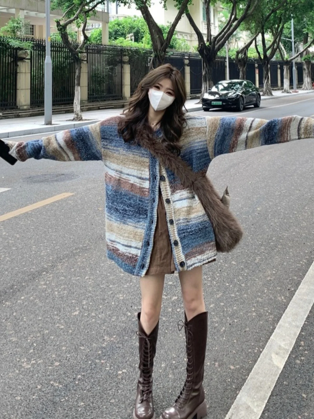 

Striped Knit Sweater Women's Loose Vintage Lazy Sle Cardigan Outerwear Spring Autumn New Arrival Polyester Fiber