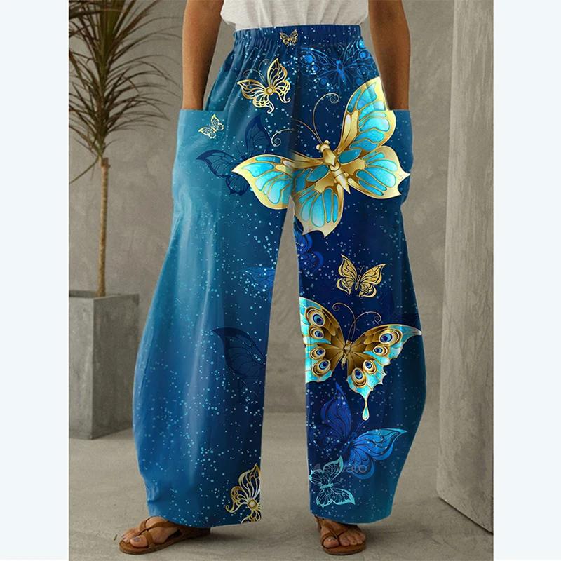 Casual loose pants with butterfly 3D print, Bohemian retro beach outfit, oversized pants, spring/summer