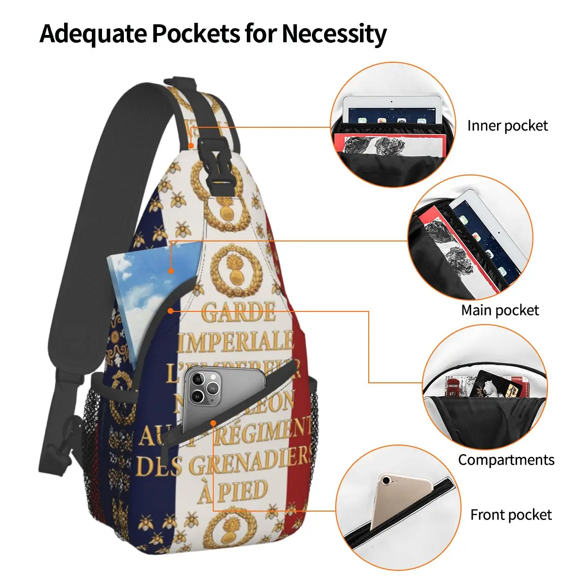 Napoleonic tas selempang bendera Perancis, tas dada selempang, tas ransel bahu Travel Hiking, tas kasual Garde imperale