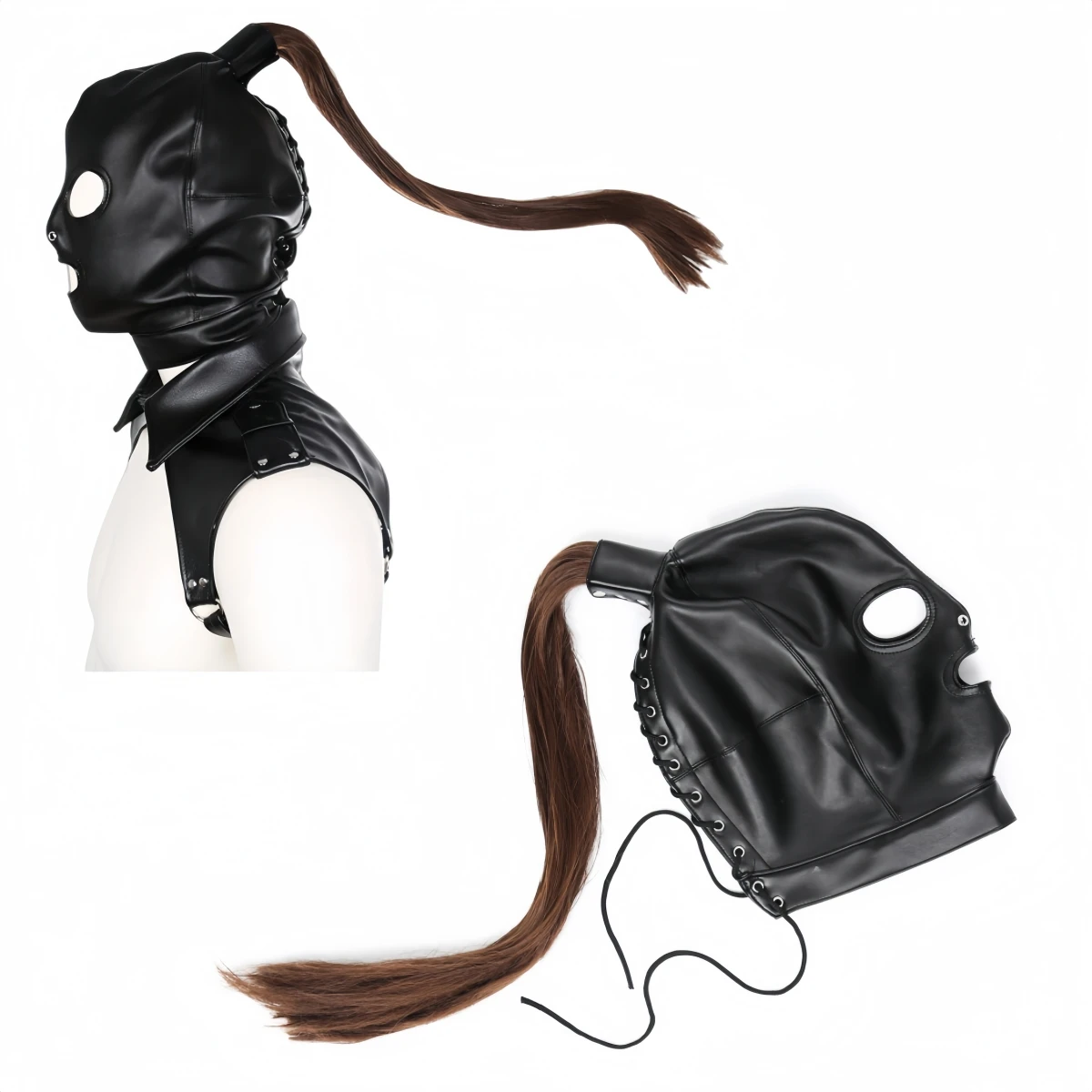 Unisex Roleplay Mask Cosplay Bondage Sexy Mask Hood with Top Wig Braid PU Headwear Handmade Halloween Party Women Game Custumes
