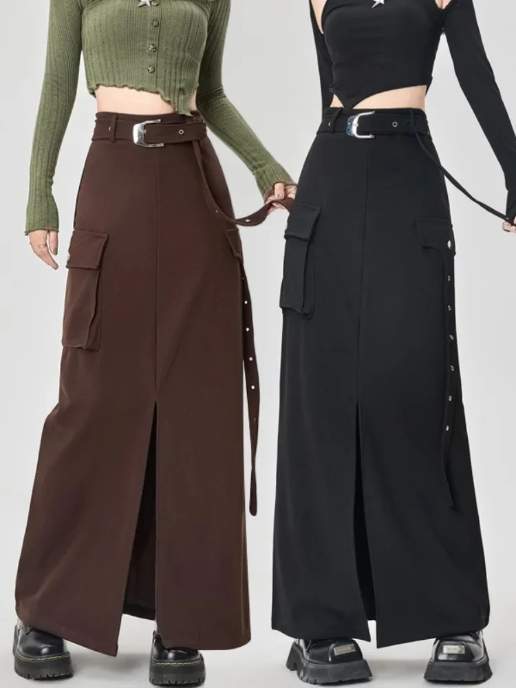 Women's Black Cargo Skirt Y2k Elegant Streetwear A-Line Long Skirt Harajuku Korean Vintage 90s High Waist Brown Skirts Clothes