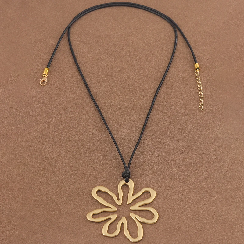 1pc Minimalist Personalized Hollowed Out Flower/Square/Shell Pendant On Lucky Long Wax Rope Sweater Chain Necklace Jewelry Gifts