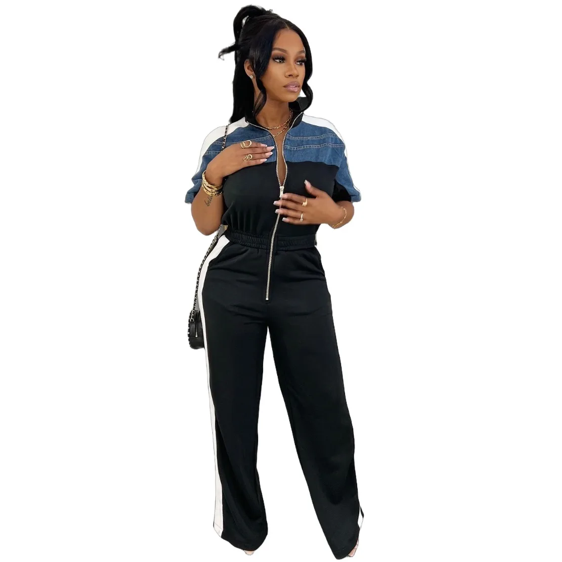 Black Jumpsuit Effortless Elegance and Comfort Denim Color Print Fashion 3/4 Sleeves Forward Look Zip Up Long Rompers