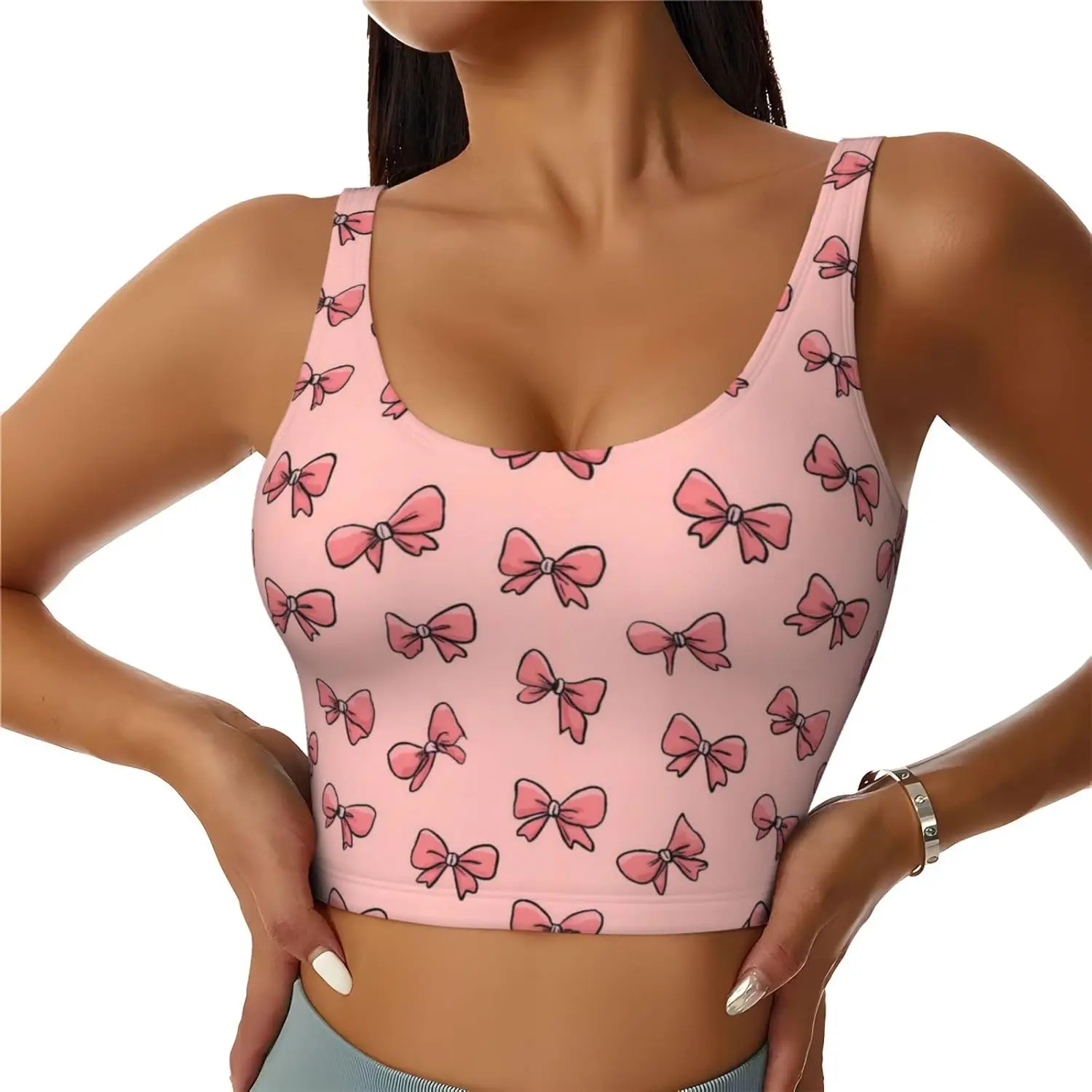 Pink Bows Girly Tops U Back Longline Sports Bras for Women Yoga Workout Crop Top with Built in Pads