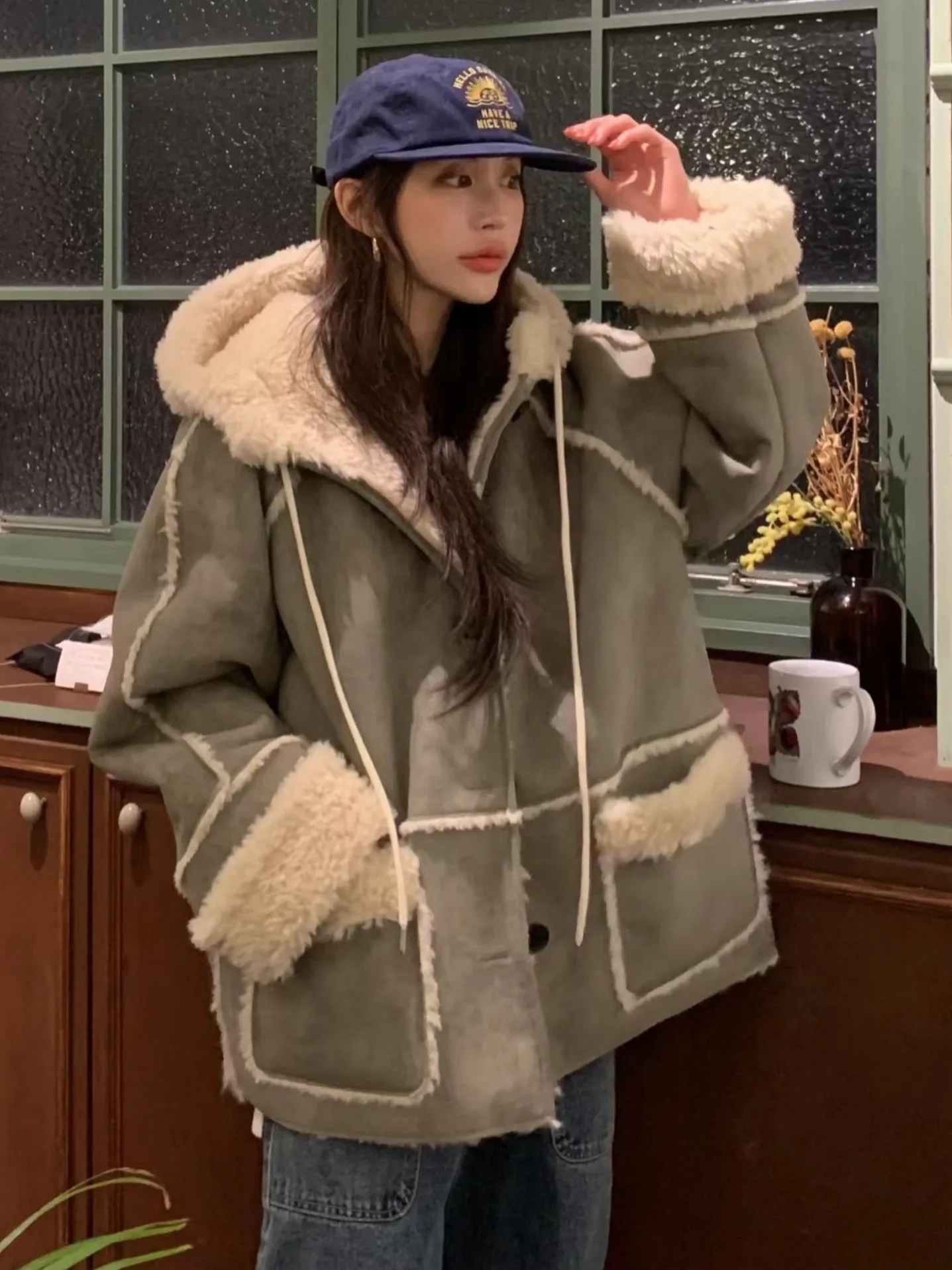 

Faionable Thiened Hooded Fce Lined Fur Cotton Jaet Women's Winter Warm Coat Inteated Leather And Fur Casual Sle