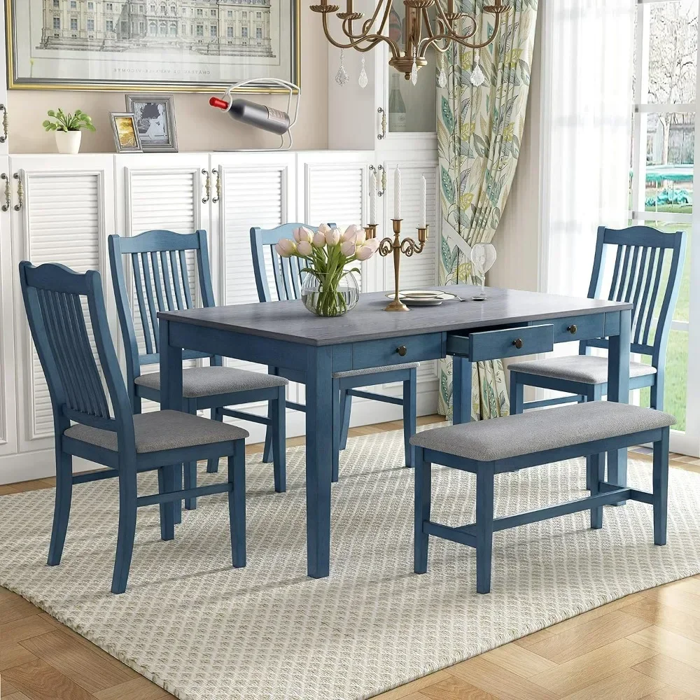 

Wood Dining Table Set, 6-Piece,Upholstered Chairs and Bench, Kitchen Table and Chairs for Dining Room, Living Room