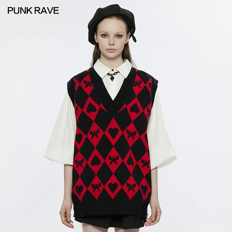 

PUNK RAVE Women's Original Diomond Rough Hem Selvedge Weaving Vest Daily Butterfly Heart Shape Patterns Black & Red Loose