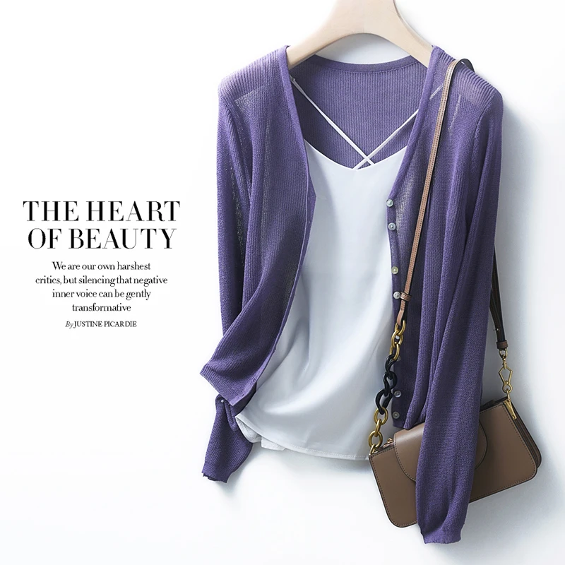 

Silk Linen Sun Protection Light Weight Summer Cardigan Women's Two-In-One awl Air Conditioning Knitted Outerwear for Commuting