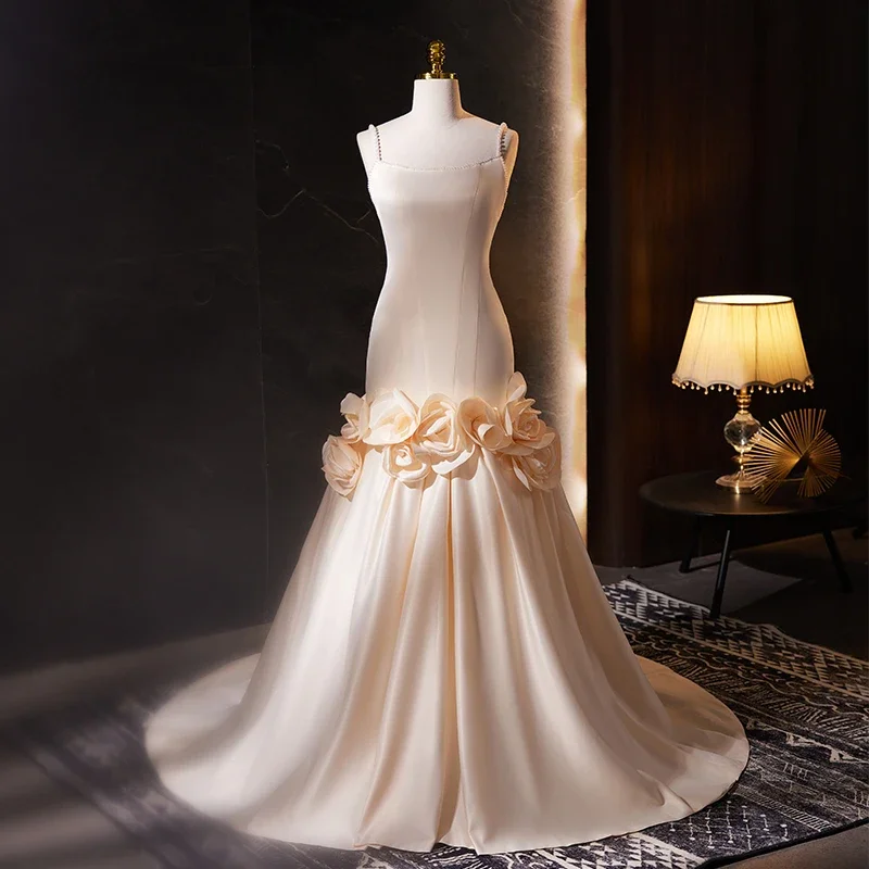 

Evening Dress Champagne Satin Sgaphetti Strap Flower Lace Up Floor-Length Mermaid Trail Plus size Party Formal Gown Woman B2839