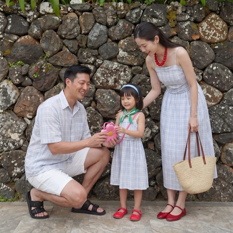 2026 Summer Family Matching Outfits Gingham Plaid Shirt & Cami Midi Dress Set Casual French Style Beach Wear