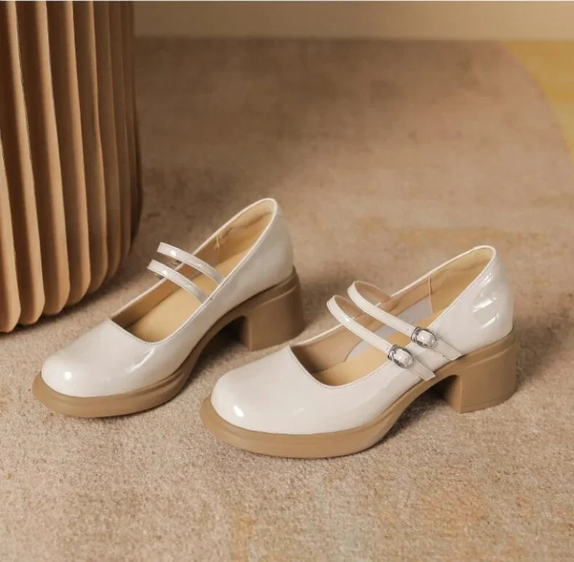 

Новые женские туфли-лодочки, лоферы без шнуровки с круглым носком, женские повседневные офисные туфли Мэри Джейн из лакированной кожи на толстом каблуке