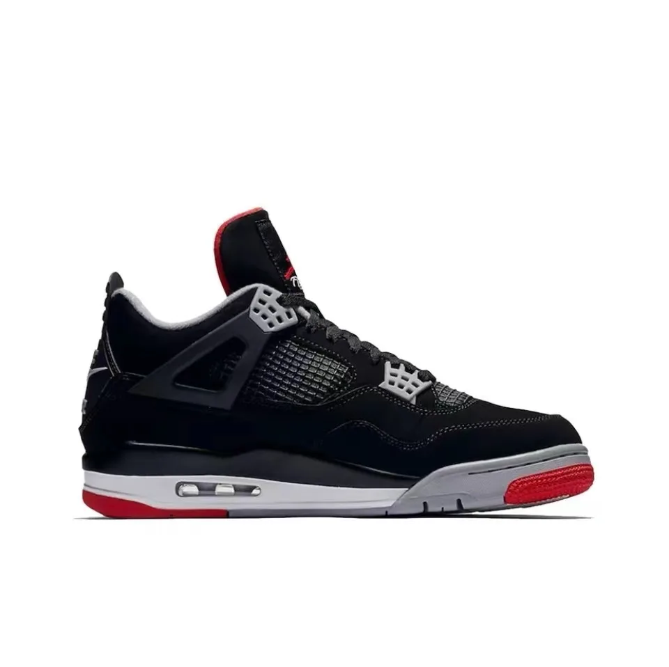 Original Air Jordan 4 Retro Bred Bull Anti-Slip Wear-resistant Retro Basketball Shoes Black and Red Men\'s Shoes