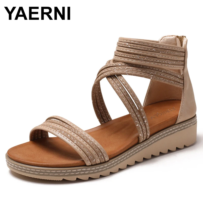 

Новые сандалии, женская летняя верхняя одежда, богемные этнические нескользящие римские сандалии с ремешком на щиколотке и бриллиантами, туфли на наклонном каблуке