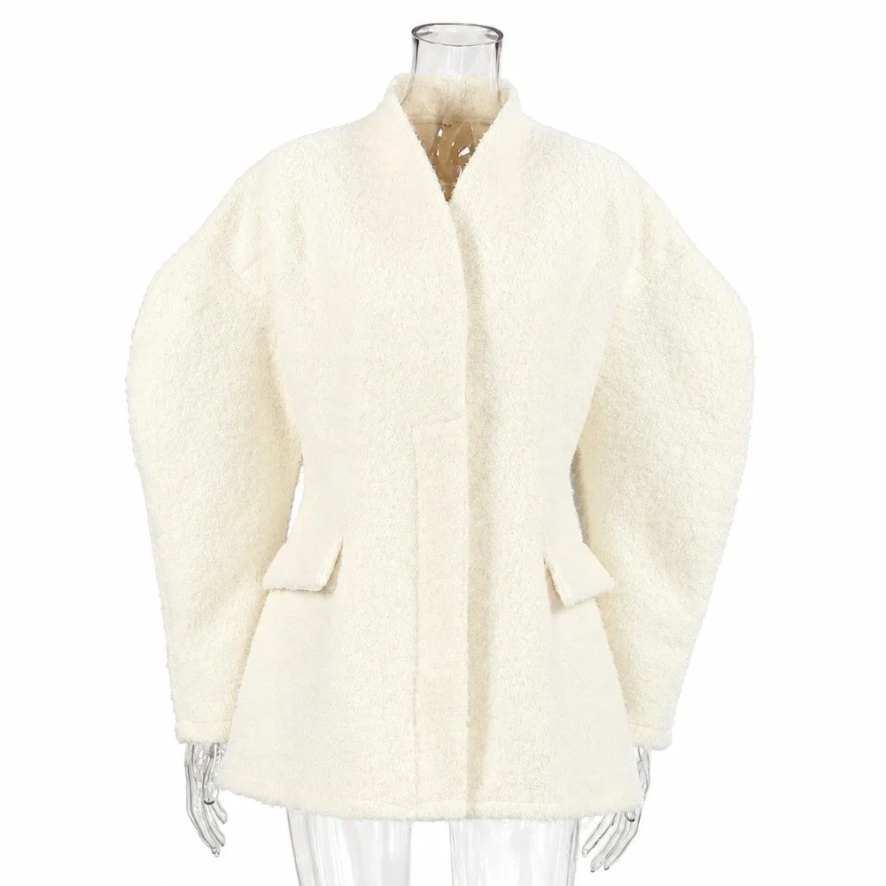 Short Length Women Short Wool Coat Fitted Waist Bubble Sleeve Wrap Neck Overcoat Women Winter Wool Outercoat Casual Gathering