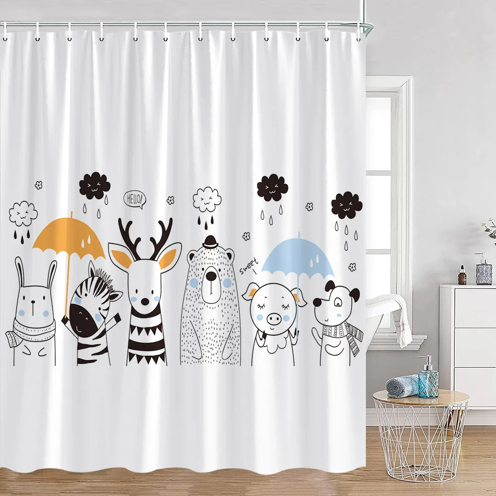 Cartoon Animals Kid Shower Curtains Hand-painted Simple Line Cute Cats Bathroom Decorations Kids Children Bath Curtains for Home