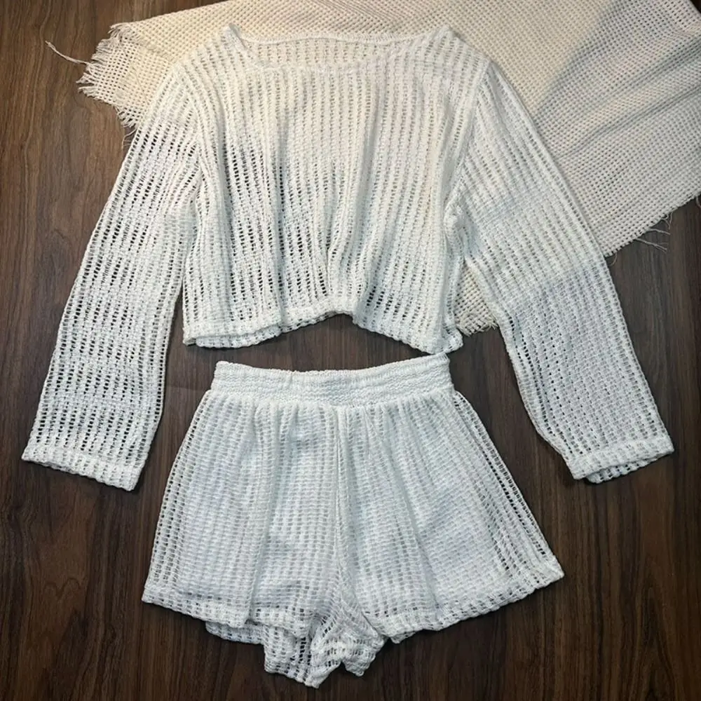 Losse badpak met lange mouwen, gehaakt, met uitsparingen, zonbescherming, strandkleding, driedelig set zwemkleding