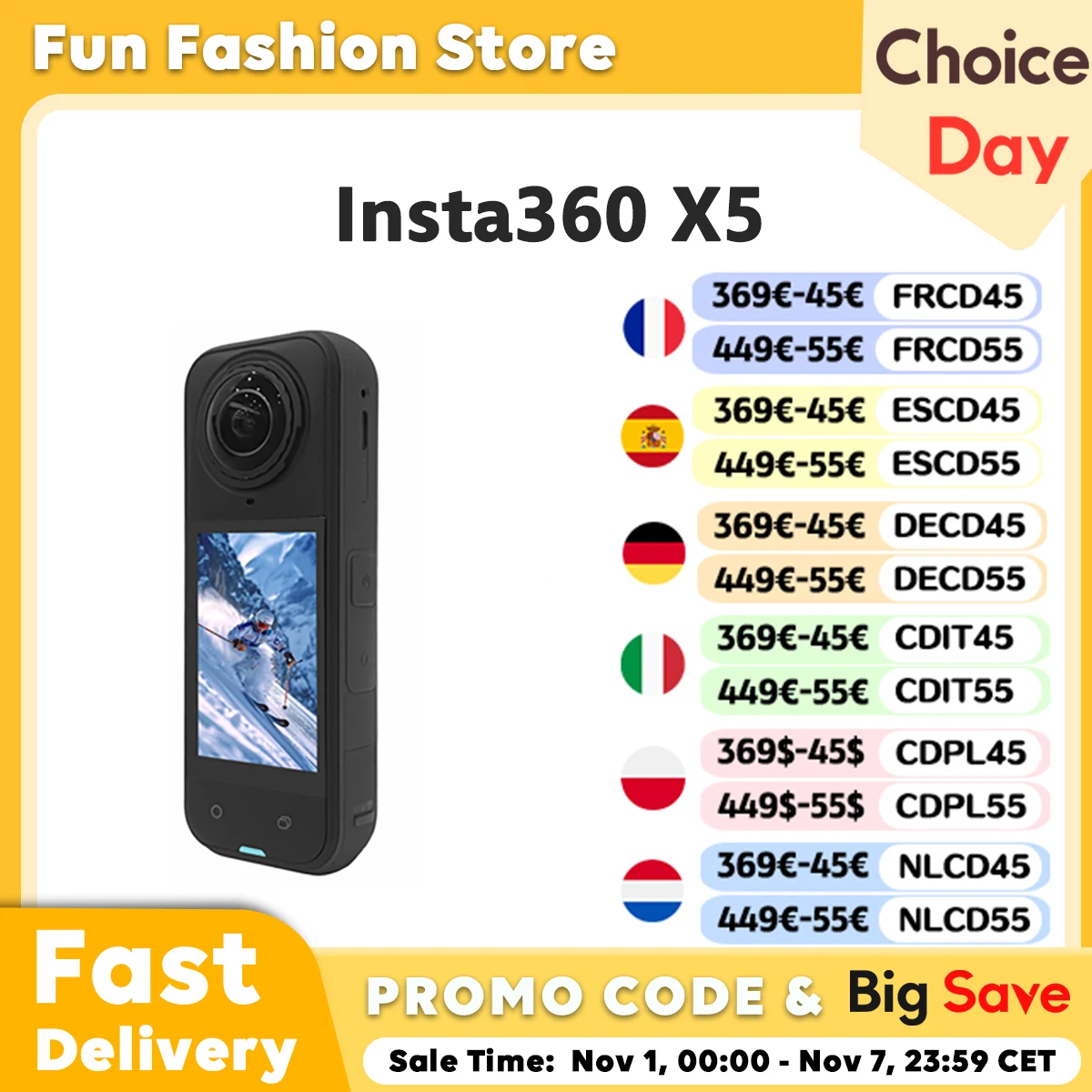 Immagine di Fotocamera Insta360 X5 impermeabile 8K 360 ° Action Cam Lenti8K 30fps 360 ° Video X5 Action Camera Wind Guard 185 minuti Nuovo originale