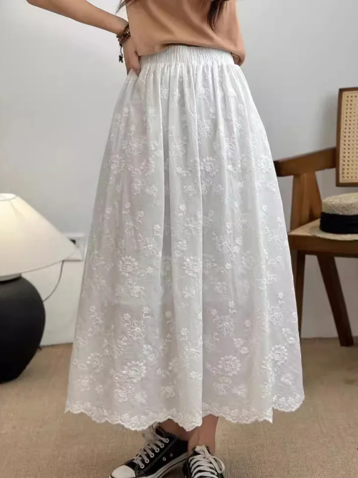 New Summer Cotton A-Line Skirts Women Elastic Waist Embroidery Skirt Mori Girl Retro Sweet Cake Skirts 2024 Autumn B46240QM