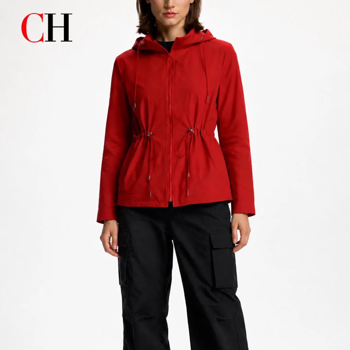 CH Women Hooded Zip Up Jacket Drawstring Waist Adjustable Long Sleeve Solid Black Casual Outdoor Windbreaker Coat With Pockets